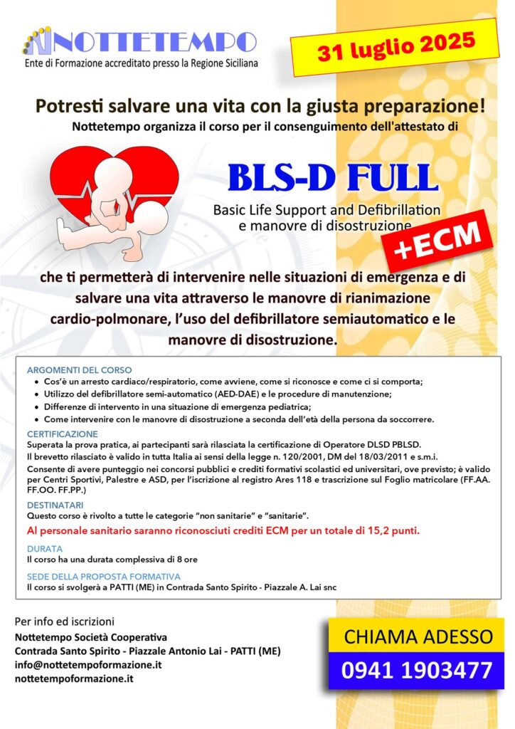 Locandina corso BLS-D FULL con rilascio di crediti ECM per il personale sanitario